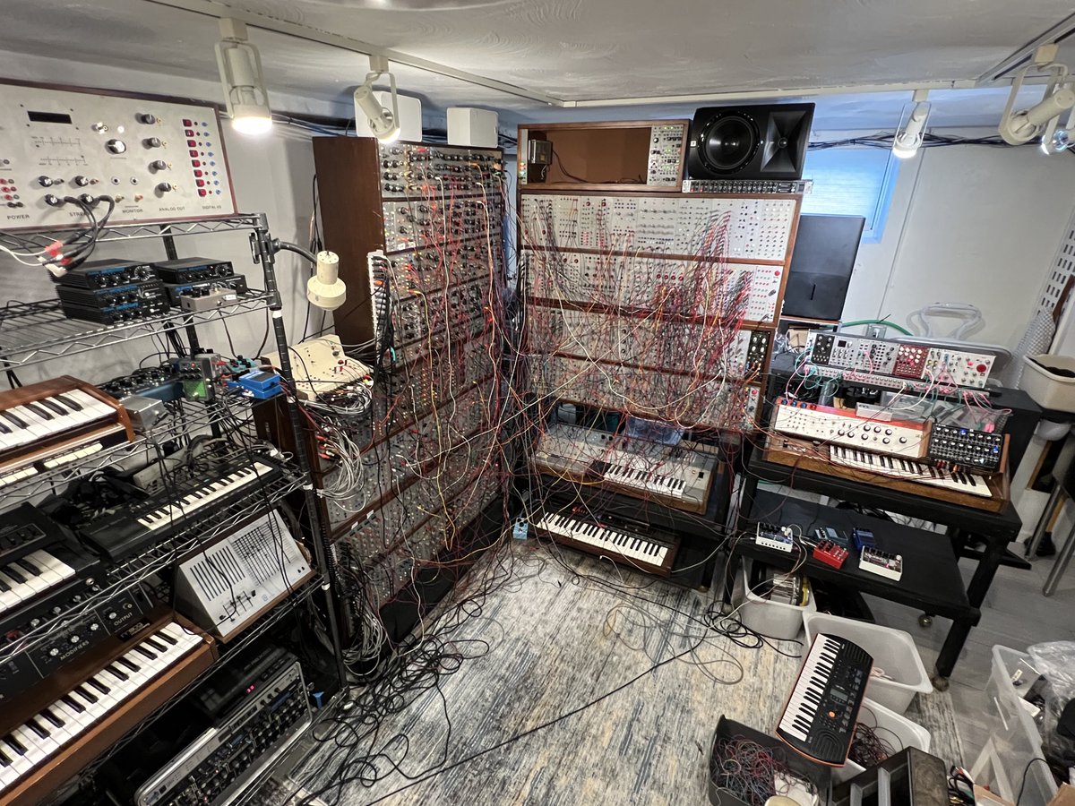 ModularSynth's tweet image. I augmented & tweaked this patch more - it's a timbral (but mainly tonal) sequencer-driven monster with loads of shifting layers. It used most of my patch cords (see photo)! I'll leave the stream up for another day or more at synth.media.mit.edu