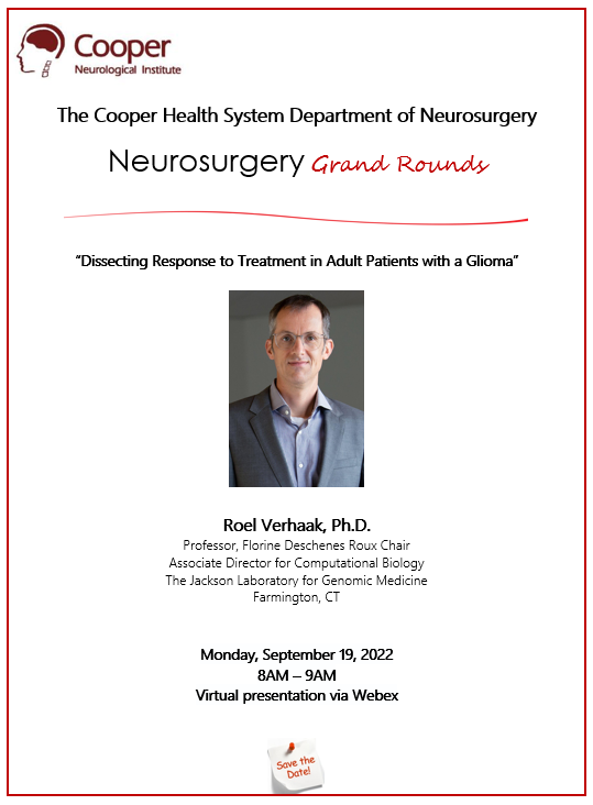 Cooper Neurosurgery Residency (@coopernsxres) on Twitter photo Please join us for our Neurosurgery Grand Rounds on Monday, September 19, 2022 - "Dissecting Response to Treatment in Adult Patients with a Glioma" by Roel Verhaak, Ph.D. 
Webex link:  cooper.webex.com/cooper/j.php?M… Please join us for our Neurosurgery Grand Rounds on Monday, September 19, 2022 - "Dissecting Response to Treatment in Adult Patients with a Glioma" by Roel Verhaak, Ph.D. 
Webex link:  cooper.webex.com/cooper/j.php?M…