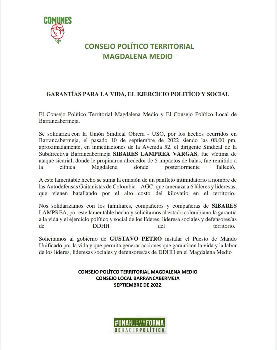 comun_paz's tweet photo. 🚨COMUNICADO A LA OPINIÓN PÚBLICA "GARANTÍAS PARA LA VIDA, EL EJERCICIO POLÍTICO Y SOCIAL"🚨
🌹EL Consejo Político Territorial Magdalena Medio y el Consejo Político Local de Barrancabermeja se pronuncian ante el vil asesinato del compañero SIBARES LAMPREA, dirigente sindical USO. https://t.co/uJjY8C1SDD