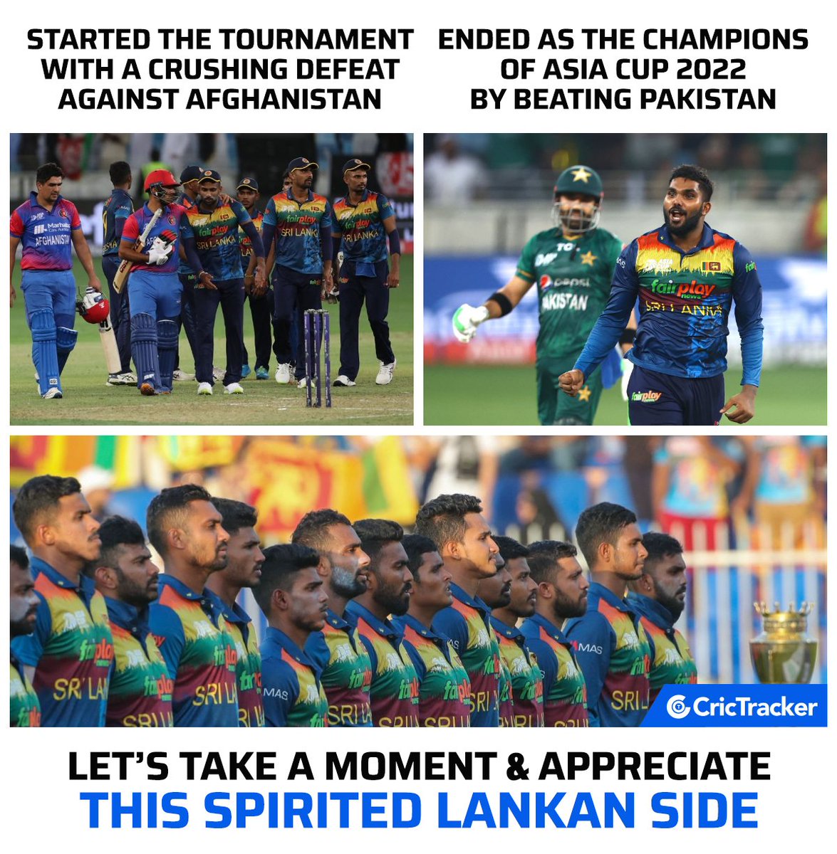 Cricketracker's tweet photo. Sri Lankan team has given their fans a reason to cheer during the crisis time.

#SriLanka #Pakistan #SLvPAK #AsiaCup2022 #Cricket #CricTracker https://t.co/9CPd7K3SBf