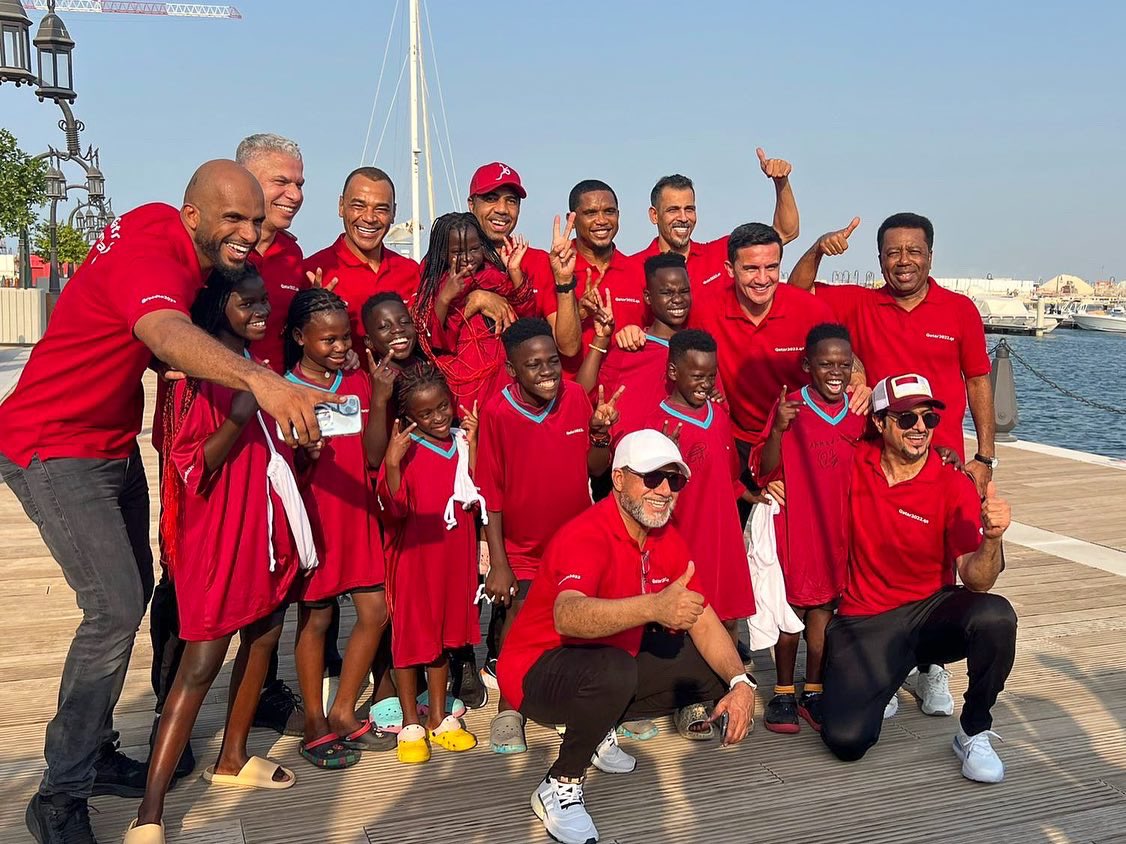 SamuelEtoo's tweet photo. Great to come together with my fellow friends and SC Ambassadors to share our hopes, dreams and expectations for the upcoming @FIFAWorldCup. 70 days to go! ⚽️ https://t.co/QLfMIkcM4s