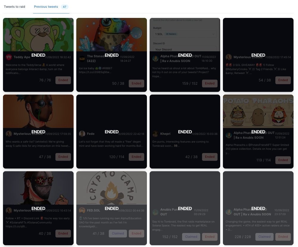 In the last 3 days, there has been 85sol worth of raids run through TombRaid... 

With 95% of that income going directly into holders' pockets: 80.75sol. In 3 days.

Word of mouth gonna makes this fly with  <a href="/AlphaPharaohs/">Alpha Pharaohs - No1 Marketing Platform on Solana</a> .