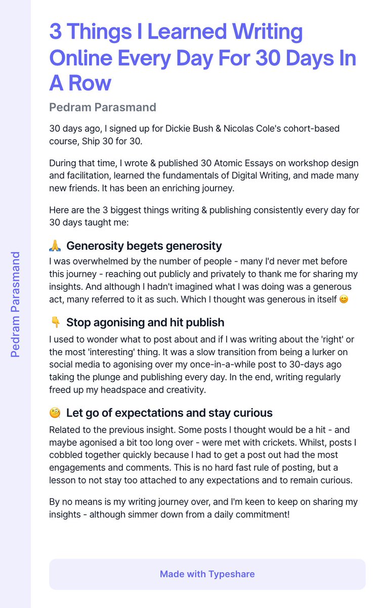 PedagogicalPed's tweet image. 3 Things I Learned Writing Online Every Day For 30 Days In A Row

#workshopmastery #workshops #workshopdesign #workshopfacilitation #facilitation #learningdesign #learningexperiencedesign #remoteworkshop #remotefacilitation Day 30 of #Ship30for30