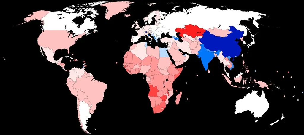simongerman600's tweet photo. Sex ratio by country for population aged below 15. Red = More girls, blue = more boys. Source: https://t.co/vKGrOLggxa https://t.co/eQJup4uM6u