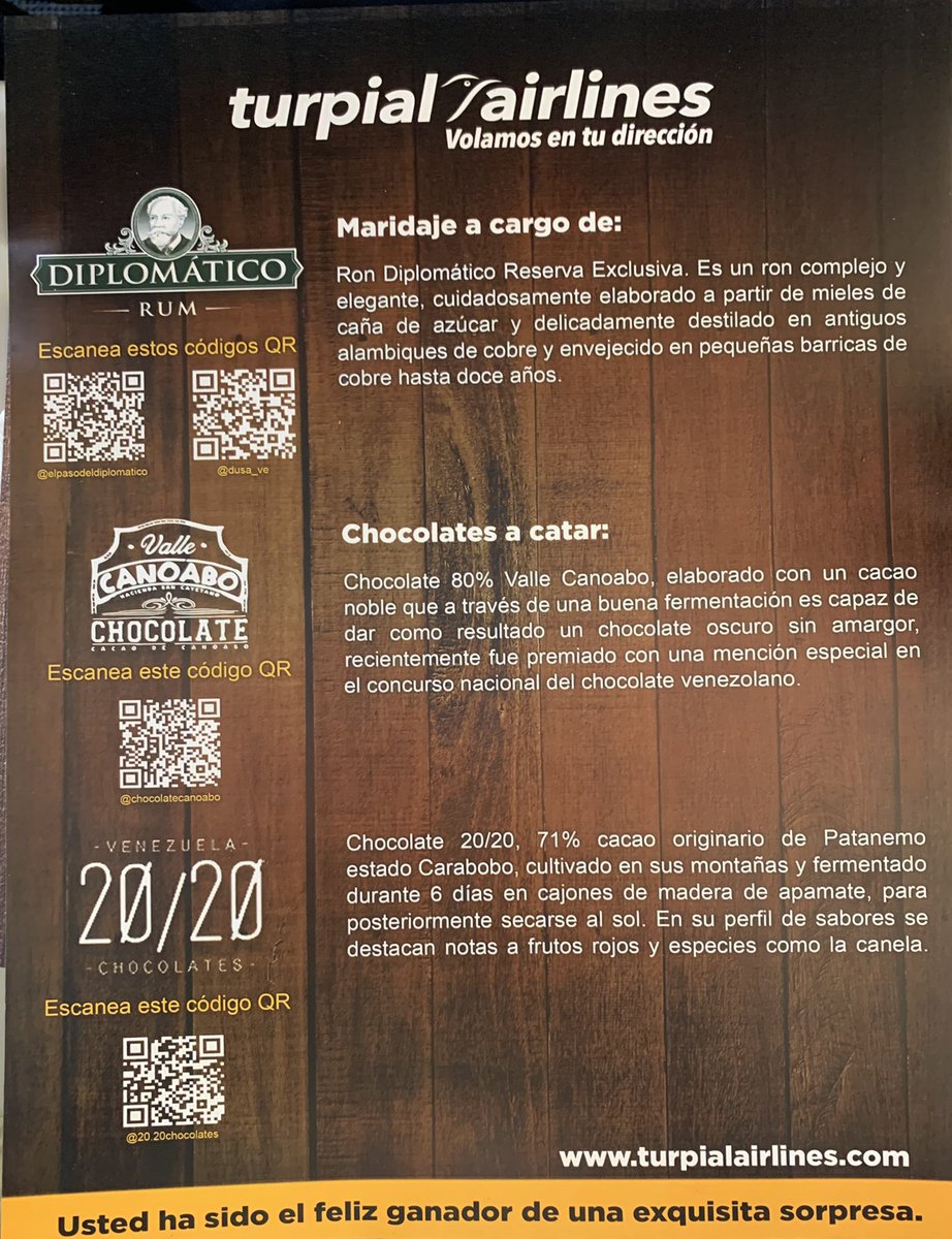 PepeSabatino's tweet photo. Memorabilia Porteña: Turpial Airlines, Ron Diplomático, chocolate Valle Canoabo y chocolate 20/20 unen esfuerzo hoy para celebrar una cata en pleno vuelo en la ruta Valencia/Panamá -la primera cata aeronáutica de ron y chocolate del mundo, nos dijeron- con motivo… cont. https://t.co/hOeeB4rg1k