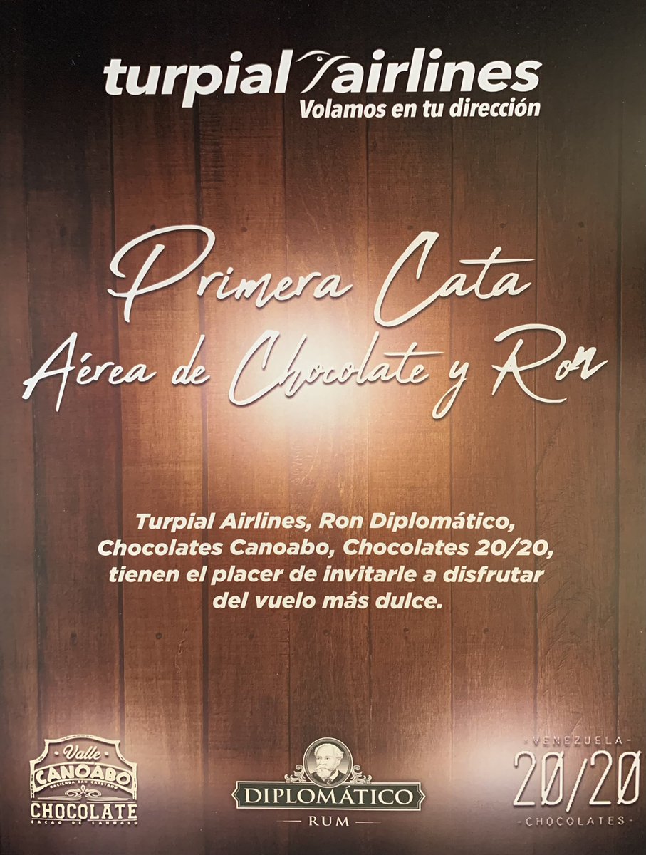 PepeSabatino's tweet photo. Memorabilia Porteña: Turpial Airlines, Ron Diplomático, chocolate Valle Canoabo y chocolate 20/20 unen esfuerzo hoy para celebrar una cata en pleno vuelo en la ruta Valencia/Panamá -la primera cata aeronáutica de ron y chocolate del mundo, nos dijeron- con motivo… cont. https://t.co/hOeeB4rg1k