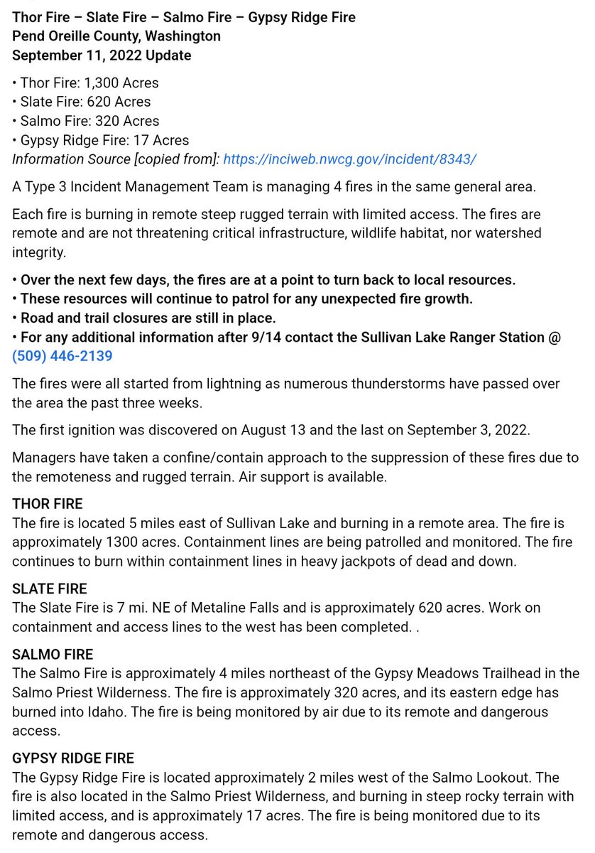 EWFIREANDHAZARD's tweet image. #ThorFire
#SlateFire
#SalmoFire
#GypsyRidgeFire

Thor Fire 1300 ac
Slate 620 ac
Salmo 320 ac
Gypsy Ridge 17 ac
Containment 0%

•Over the next few days, the fires are at a point to turn back to local resources
•Road and trail closures are still in place
inciweb.nwcg.gov/incident/8343/