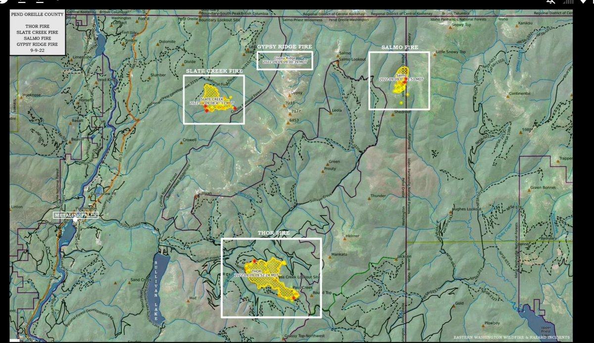 EWFIREANDHAZARD's tweet image. #ThorFire
#SlateFire
#SalmoFire
#GypsyRidgeFire

Thor Fire 1300 ac
Slate 620 ac
Salmo 320 ac
Gypsy Ridge 17 ac
Containment 0%

•Over the next few days, the fires are at a point to turn back to local resources
•Road and trail closures are still in place
inciweb.nwcg.gov/incident/8343/
