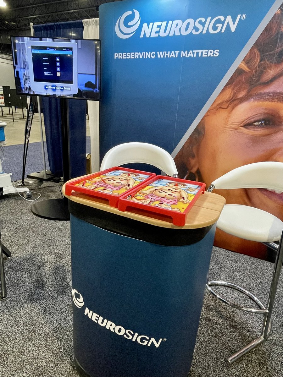 Neurosign's tweet photo. It can’t be all work. Come to booth #2037 and show your steady hand against our director. 😁 @AAOHNS #OTOMTG22 #NervePreservation #PreservingWhatMatters https://t.co/jmCPT4ygGZ