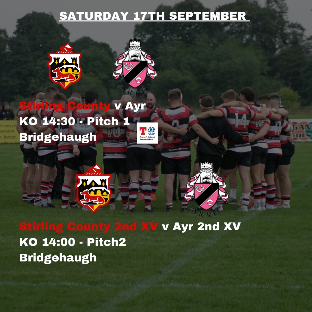 StirlingCounty's tweet photo. Mens senior fixtures this coming w/end. Let’s fill Bridgehaugh and support the lads! 🔴⚫️⚪️

Also,

Stirling County U15 &amp; U16 vs Ayr: 11:45 KO
Stirling County U18 vs Ayr: 2pm KO

Finally,

Stirling Wolves vs Ayrshire Bulls: 5pm KO

#wherewouldyouratherbe https://t.co/j1xrRGGiJK