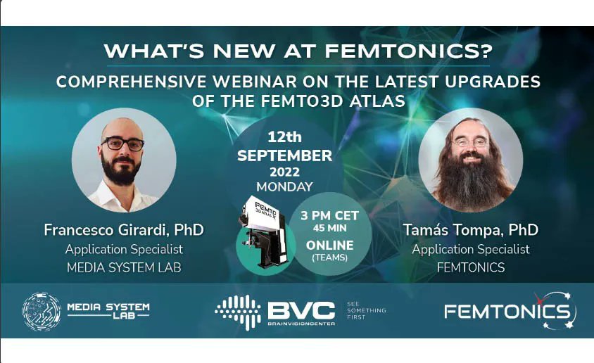 MEDIASystemLab's tweet photo. L'innovazione non si ferma mai in #Femtonics scopri 3D acousto-optical voltage imaging, vero 3D real-time motion correction, il Plug and Play e molto altro! Domani alle 15:00
Clicca qui: https://t.co/woIdQZ7A9q
#webinar #neuroscienze #microscopia #multifotone #duefotoni #ricerca https://t.co/Z4tT8nYpM7