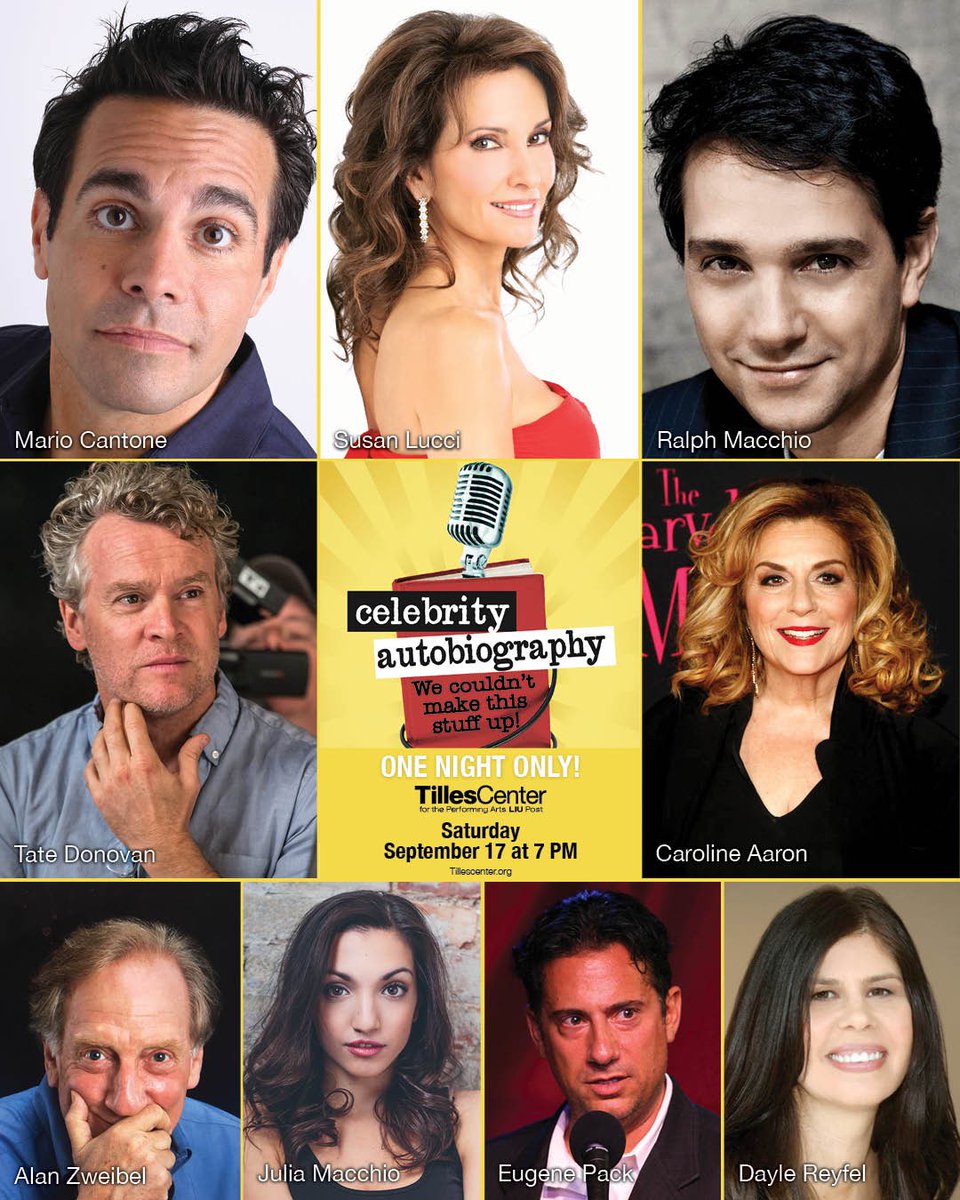 Get your tickets! A hilarious night in the theatre with some good friends! "Celebrity Autobiography" show is Saturday eve Sept 17 at 7pm 
<a href="/TillesCenter/">Tilles Center</a>    (Tilles Center Long Island)
Tix <a href="/TillesCenter/">Tilles Center</a> <a href="/Celeb_Autobio/">Celebrity Autobiography</a>