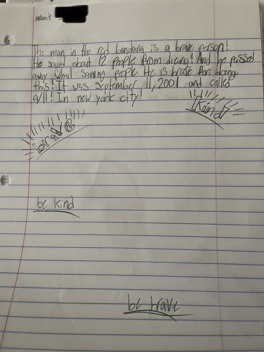 Shared the story of “The Man in the Red Bandana” with my 4th graders. As always, I was blown away by their questions &amp; discussion of 9/11. Thought I’d share a few of their written reflections also. <a href="/wade_cara/">get back to class</a> <a href="/KathTeacher195/">Katherine Morgan</a> <a href="/jmann_edu/">John Mann</a> #SumnerAchieves