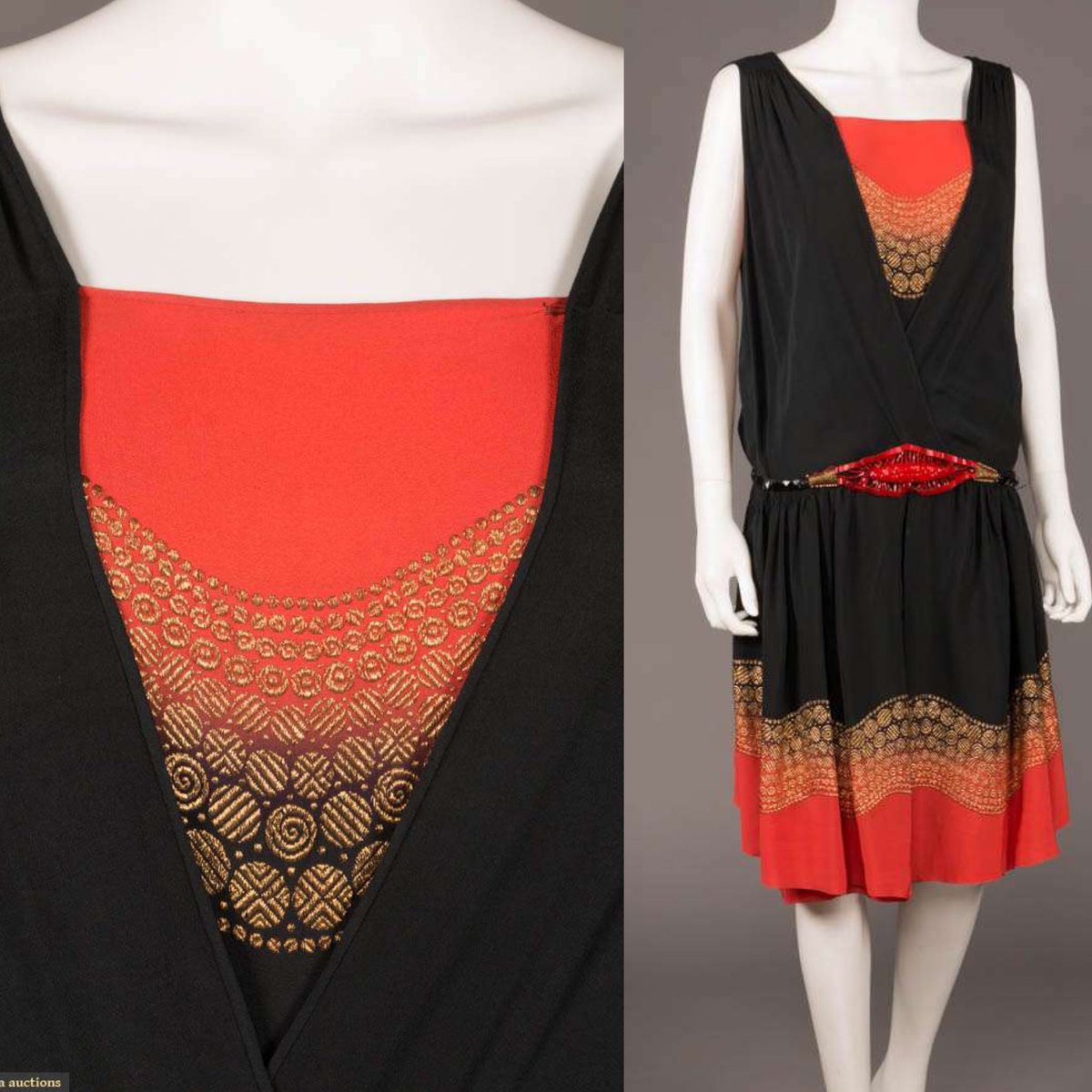 Volcano shades take this #1920s silk #crepe tunic from orange to black with borders of gold #appliqué. Liquid lava winds around the hem and décolletage with inky black in between <a href="/AugustaAuction/">Augusta Auctions</a> #fashionhistory
