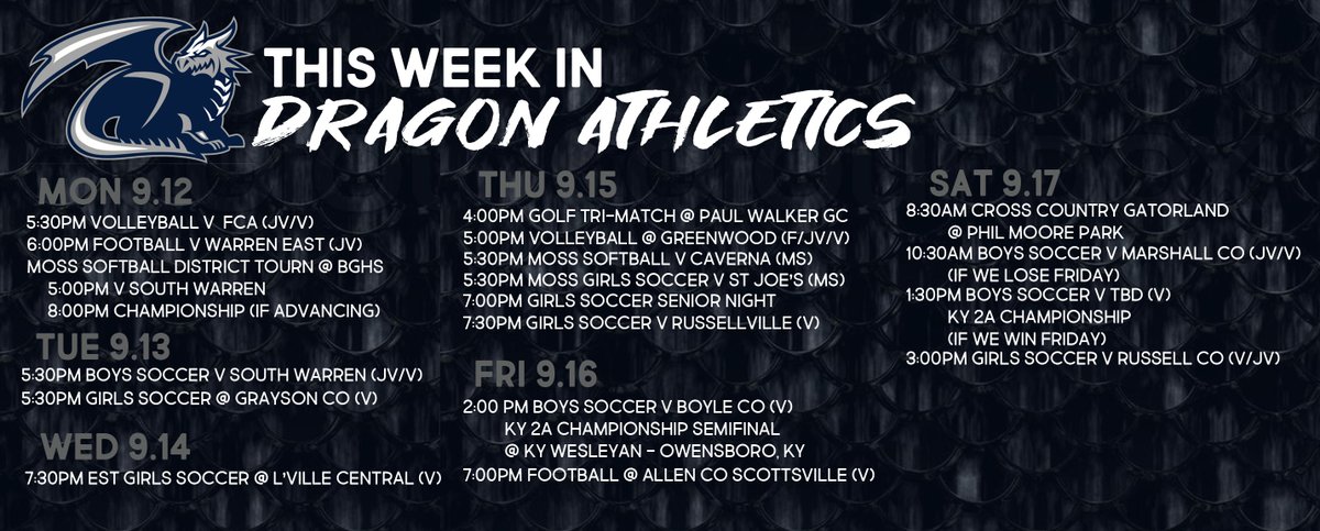 This week in Dragon athletics.

<a href="/WCLadyDragons1/">WCHS Lady Dragons Soccer</a> <a href="/WCVolleyballFam/">WCHS Volleyball</a> <a href="/WCDragon_Soccer/">Warren Central HS Boys Soccer</a> <a href="/WC_Dragons/">Warren Central High School</a>