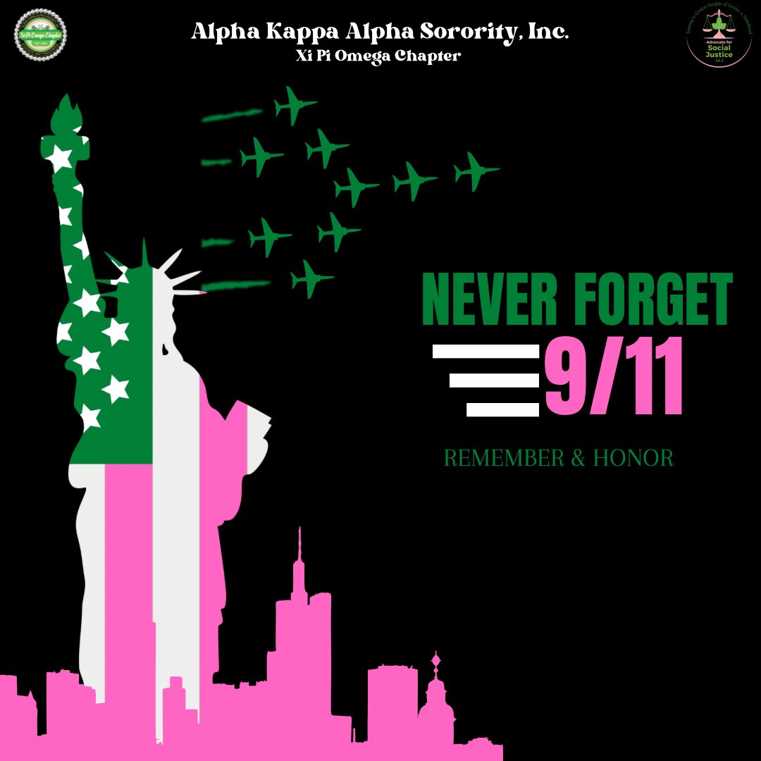XiPiOmegaAKA's tweet photo. Today, we honor the memory of those who lost their lives during the 9/11 attack. Thank you to the heroes who sacrificed their lives to save others. We will never forget. 🙏💗💚

#AKA1908 #XiPiOmega #September11 #NeverForget https://t.co/15v8XjgjWQ