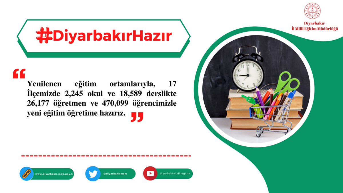 🚩Yenilenen eğitim ortamlarıyla, 17 İlçemizde 2 bin 245 okul 🏡 ve 18 bin 589 derslikte 26 bin 177 öğretmen 👩‍🏫👨‍🏫 ve 470 bin 99 öğrencimizle 👧👨 yeni eğitim-öğretim yılına hazırız❗️

📍 Biz Hazırız
#DiyarbakırHazır 
<a href="/tcmeb/">Millî Eğitim Bakanlığı</a> <a href="/aliihsansu_/">Ali İhsan Su</a> @murat4kucukali
