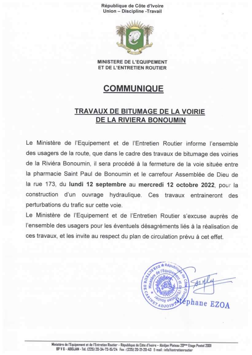 Abidjan 🇨🇮
Fermeture de la voie située entre 𝐥𝐚 𝐩𝐡𝐚𝐫𝐦𝐚𝐜𝐢𝐞 𝐒𝐚𝐢𝐧𝐭 𝐏𝐚𝐮𝐥 𝐝𝐞 𝐁𝐨𝐧𝐨𝐮𝐦𝐢𝐧 et 𝐥𝐞 𝐜𝐚𝐫𝐫𝐞𝐟𝐨𝐮𝐫 𝐀𝐬𝐬𝐞𝐦𝐛𝐥é𝐞 𝐝𝐞 𝐃𝐢𝐞𝐮, du 𝐥𝐮𝐧𝐝𝐢 𝟏𝟐 𝐬𝐞𝐩𝐭𝐞𝐦𝐛𝐫𝐞 au 𝐦𝐞𝐫𝐜𝐫𝐞𝐝𝐢 𝟏𝟐 𝐨𝐜𝐭𝐨𝐛𝐫𝐞 𝟐𝟎𝟐𝟐.