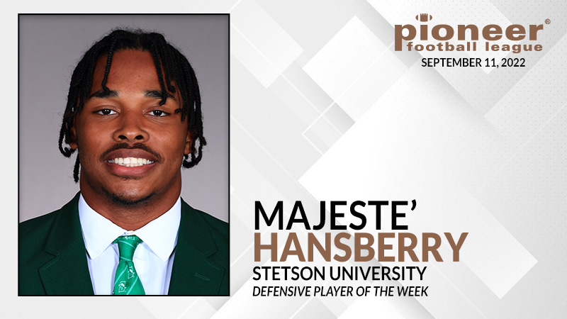pioneerftbl's tweet photo. PFL Defensive Player of the Week 
@StetsonFootball LB Majeste' Hansberry 
Led the Hatters with 8 tackles (7 solo), including 4 tackles for loss, forced a fumble, and had two pass breakups in a win against Louisiana Christian. #FCS https://t.co/k5Y0Y1Uixa