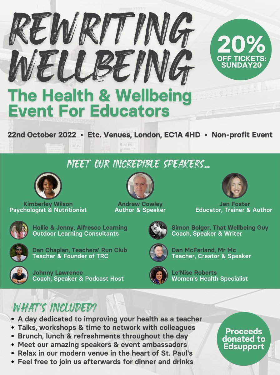 Grab 20% off your ticket til midnight with SUNDAY20

#edutwitter #education #teacher #wellbeing #teaching