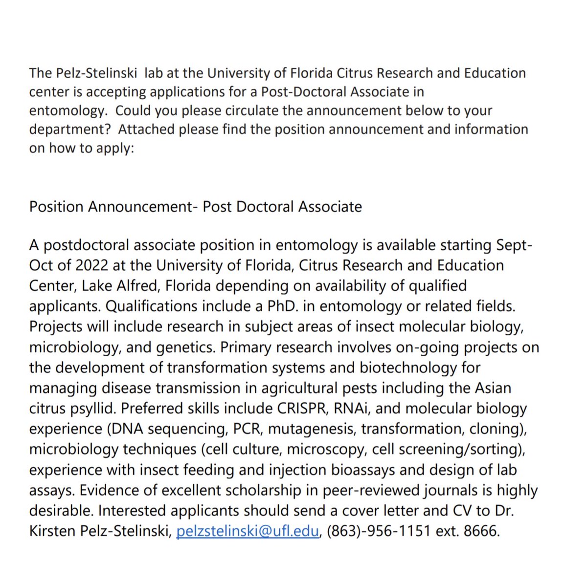 UFCitrusBugs's tweet image. Another colleague @UFIFASCitrusREC @UFEntNem is hiring for a postdoc! Please see below and contact her directly.