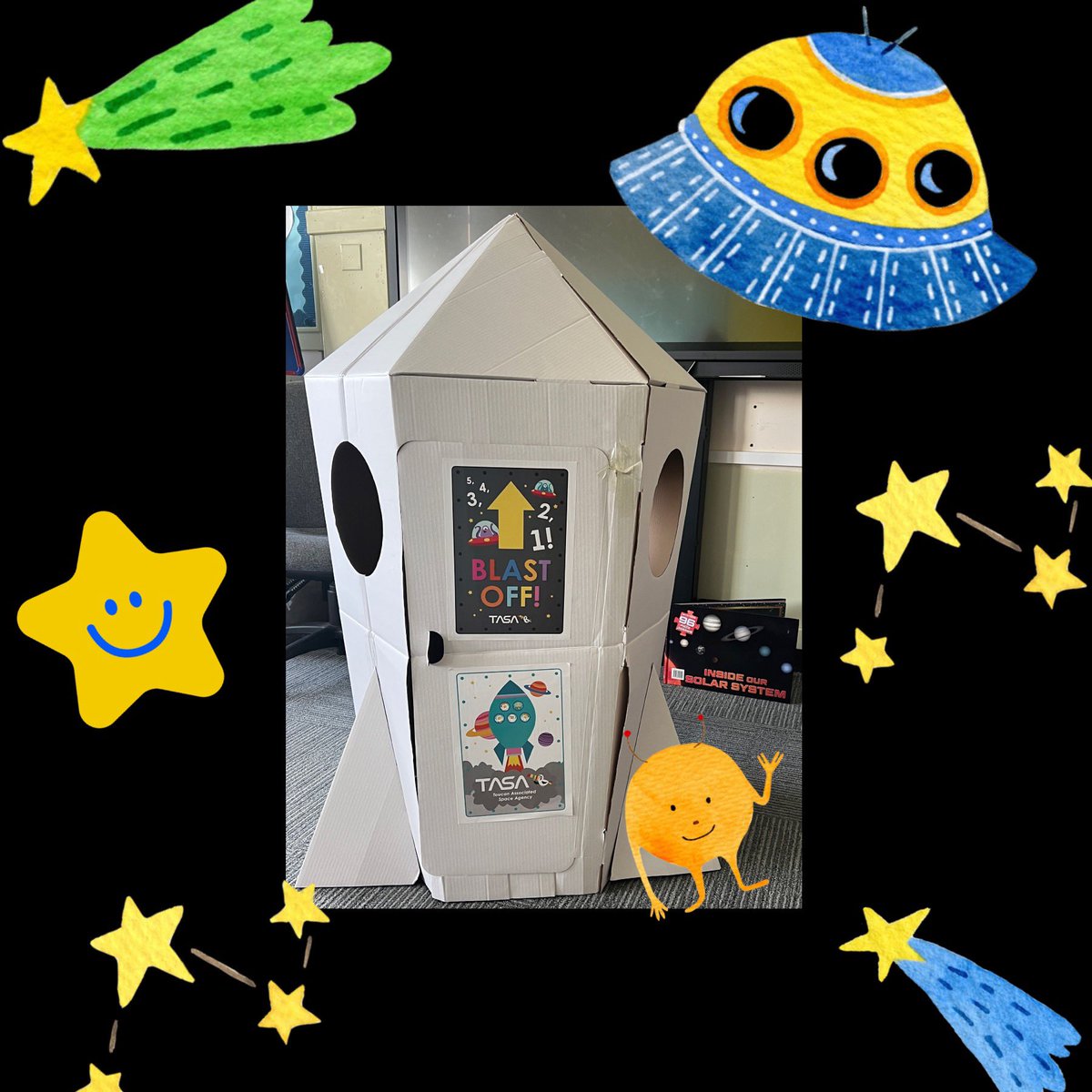 MrsJenkinsKL's tweet photo. Oh no Primary 3!! Something has landed in our classroom 💫 I wonder what it is 🚀 
Maybe there is someone inside? 👽🛸

I can’t wait to explore with you all tomorrow🌟
#discoveryTime #ClassroomSpaceShip 
#exploringInTheClassroom

@st_josephps https://t.co/aEdoO6sueK