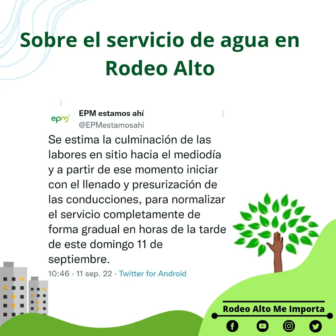 RodeoAlto's tweet photo. Según comunicación telefónica con @epmestamosahi el servicio estaría restableciendose a las 5pm de hoy, aproximadamente.

#comuna16 #belenmedellin #RodeoAlto https://t.co/jSSa4tAGmR