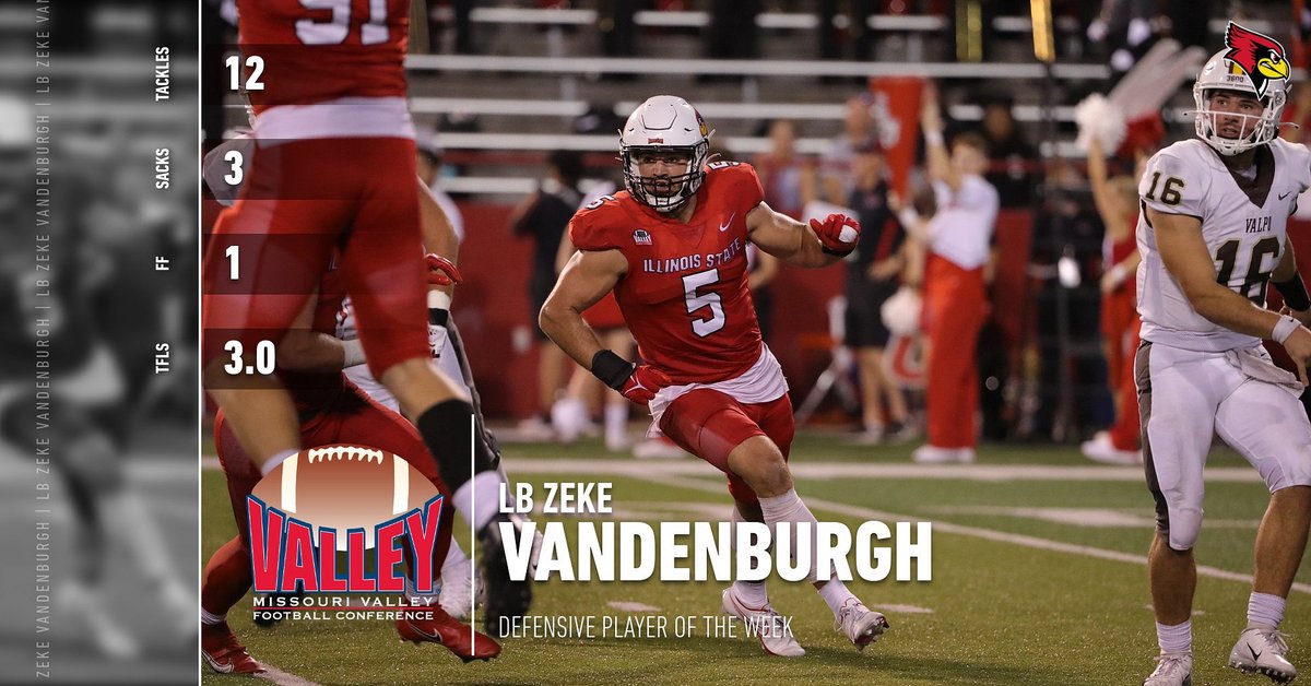 Defensive Player of the Week ⫸ LB Zeke Vandenburgh of @RedbirdFB ▪️ Had 12 tackles include 3 sacks in Illinois State's win over Valparaiso on Saturday. ▪️ In addition to his 3.0 TFL, he also forced a fumble. bit.ly/3qvdA0Y