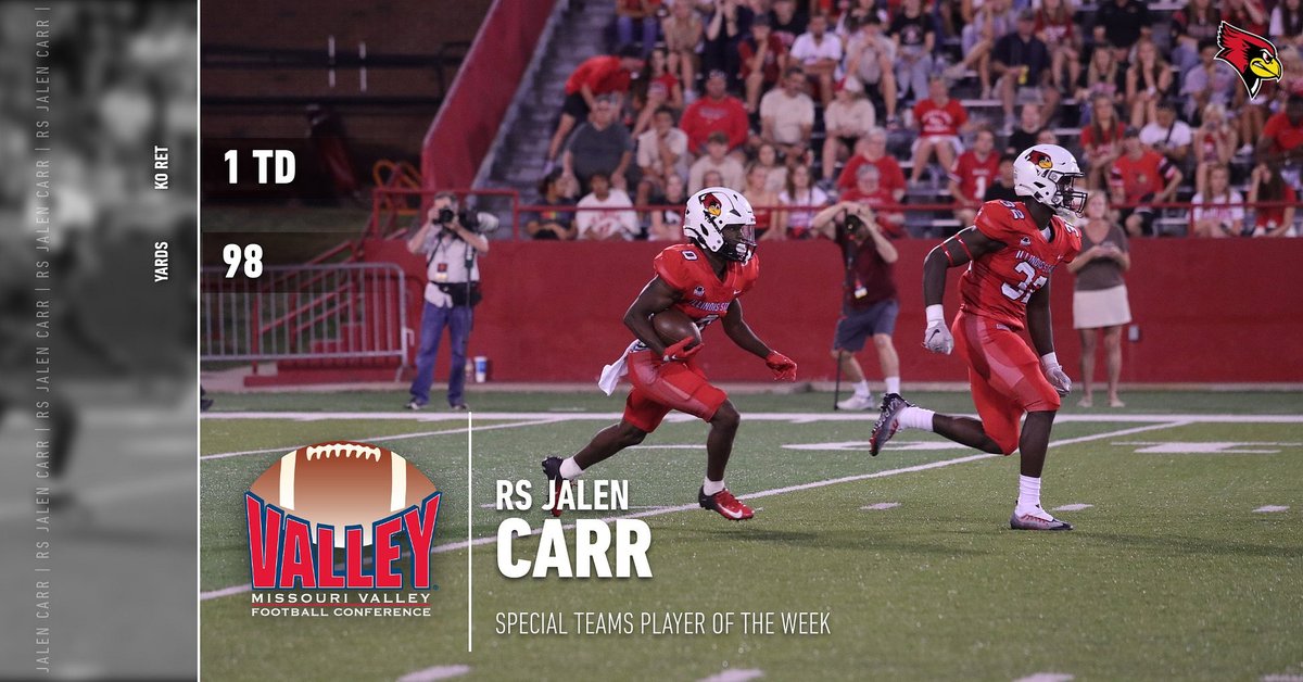 Special Teams Player of the Week ⫸ KR Jalen Carr of @RedbirdFB ▪️ Turned a 14-7 deficit into a 14-14 tie after returning a kickoff 98 yards for a TD ▪️ It was the first KO return TD for ISU since 2017 bit.ly/3qvdA0Y