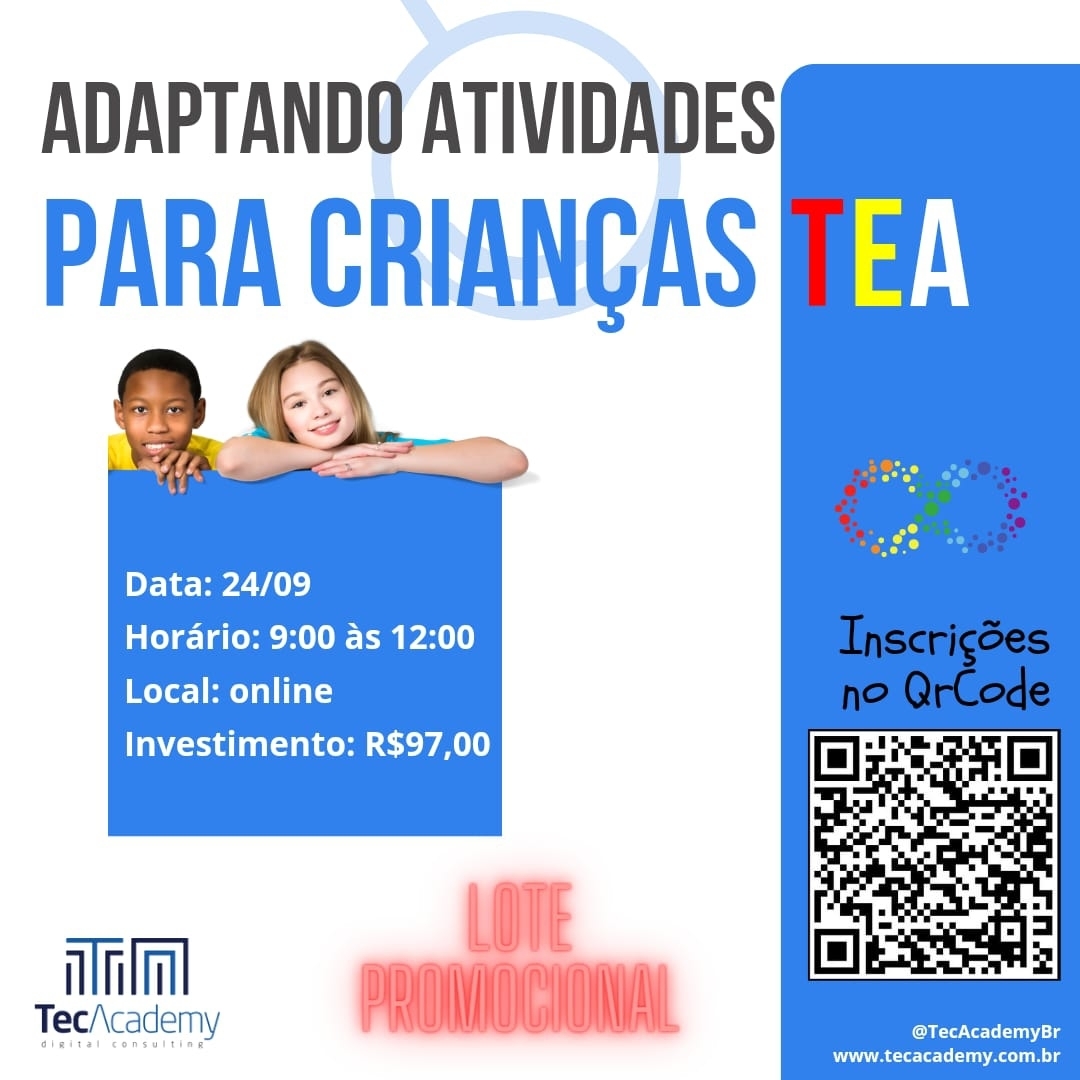 TecAcademyBr's tweet photo. 📢 Corre porque o lote promocional está acabando!!! 🏃🏾♀

Participe do nosso curso Adaptando Atividades para Crianças TEA.

🗓 Quando: 24/09
💻 Onde: online
🪙 Quanto: R$ 97,00
📲 Inscrições: https://t.co/Auaw8EuQUM https://t.co/gpVZONlliw
