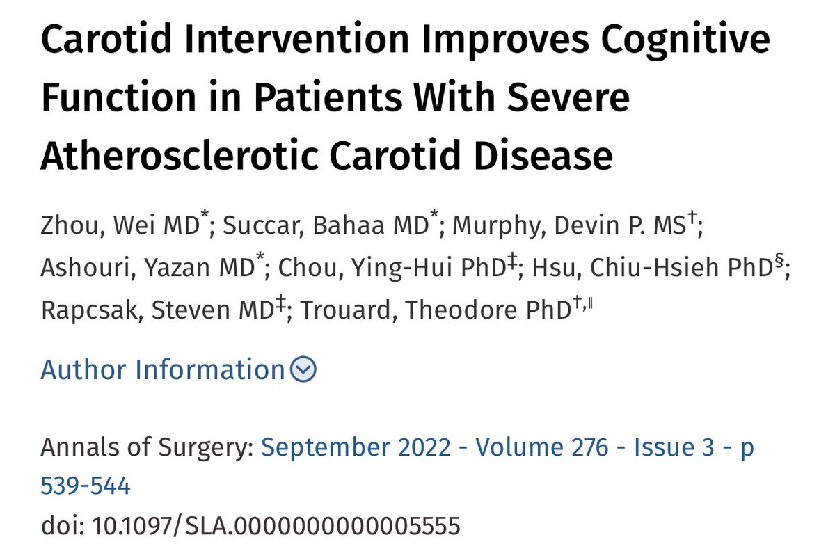 Bahaa Succar (@b_succar) on Twitter photo 🔥Off the press🔥 I'm pleased to share our paper in <a href="/AnnalsofSurgery/">Annals of Surgery</a> about the cognitive benefits of carotid revascularization in patients with extra-cranial carotid atherosclerosis ncbi.nlm.nih.gov/pmc/articles/P… #CarotidInterventions <a href="/WeiZhou74370988/">Wei Zhou</a> <a href="/AshouriYazan/">Yazan Ashouri</a> 🔥Off the press🔥 I'm pleased to share our paper in <a href="/AnnalsofSurgery/">Annals of Surgery</a> about the cognitive benefits of carotid revascularization in patients with extra-cranial carotid atherosclerosis ncbi.nlm.nih.gov/pmc/articles/P… #CarotidInterventions <a href="/WeiZhou74370988/">Wei Zhou</a> <a href="/AshouriYazan/">Yazan Ashouri</a>