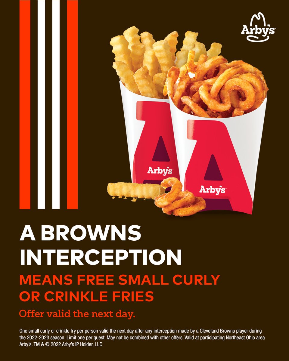 Browns's tweet photo. With the INT in the first half y'all get some free 🍟 at @Arbys ‼️ https://t.co/SY8rPOIT5H