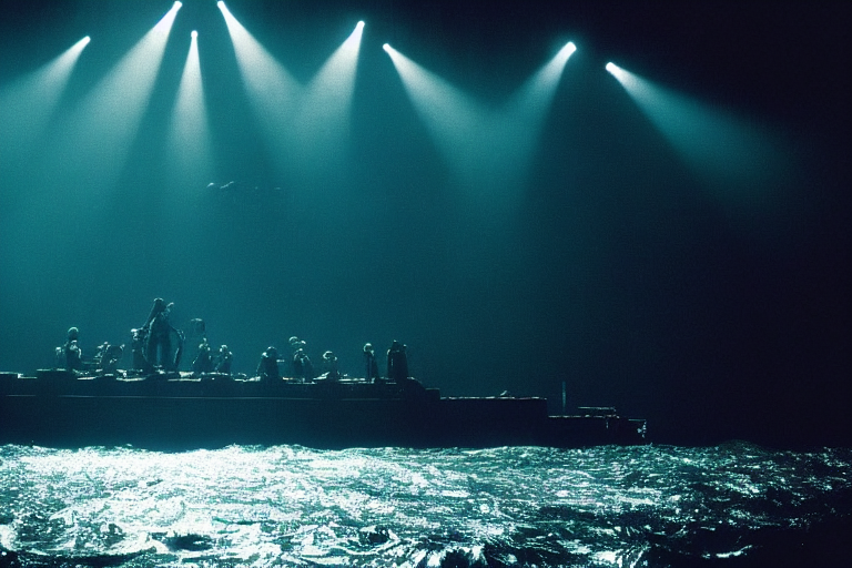 "Nine Inch Nails performing on a platform in the middle of the ocean" #midjourhey