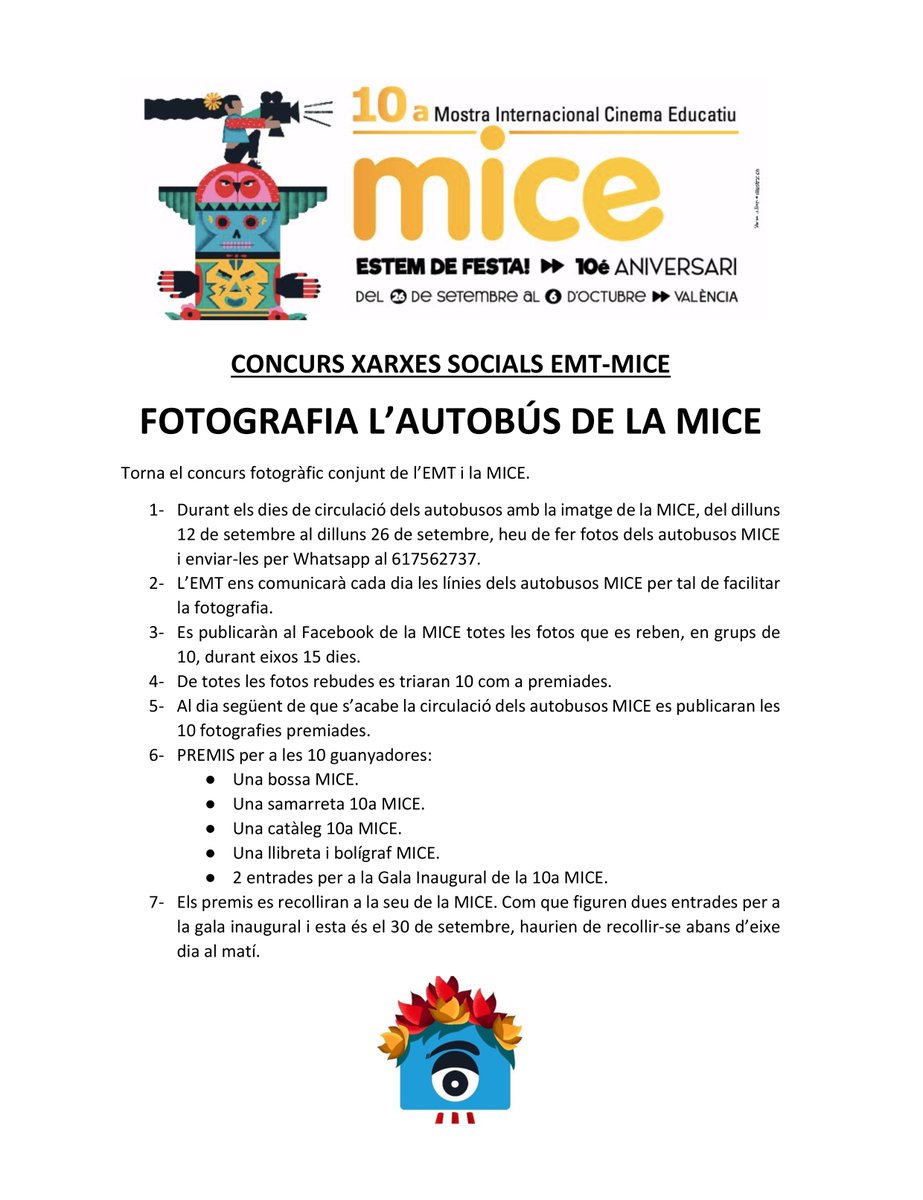 micefestival's tweet photo. 📢 Atenció! Torna el concurs fotogràfic conjunt entre l’@emtvalencia i la MICE! Durant els dies de circulació dels autobusos amb la imatge de la #MICE10, del 12 al 26 de setembre, heu de fer fotos dels autobusos MICE i enviar-les per Whatsapp al 617562737. https://t.co/lfrpj7wTqh