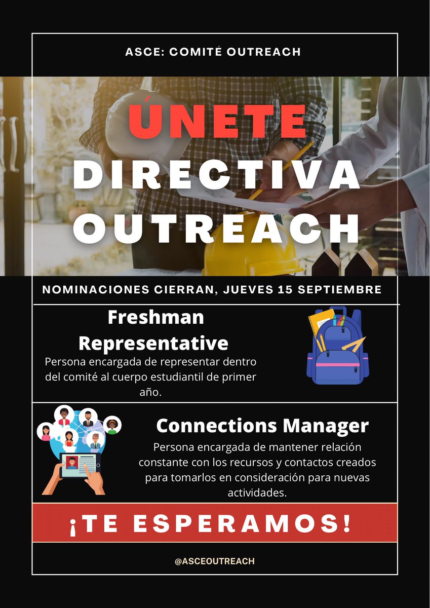 asceoutreach's tweet photo. El comité de Outreach está en búsqueda de los últimos dos integrantes de su directiva para el año 2022-2023. Las Vacantes son: 
🟢 Connections Manager 
🟢 Freshman Representative
 
Nominaciones cierran 15 de septiembre

https://t.co/khUYT9SffI https://t.co/HLio4hmu9P