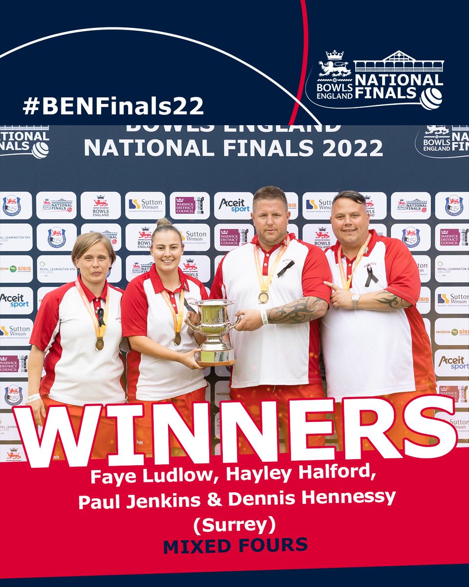 BowlsEngland's tweet photo. 𝗪𝗜𝗡𝗡𝗘𝗥𝗦

Congratulations to Surrey's Faye Ludlow, Hayley Halford, Paul Jenkins and Dennis Hennessy! 👏

They won 13-12 against Jane Murphy, Bev Wall, Scott Winskill and Mark Hancock (Berkshire) in the final! 🏆

#BENFinals22 https://t.co/HqQh1SXBVs