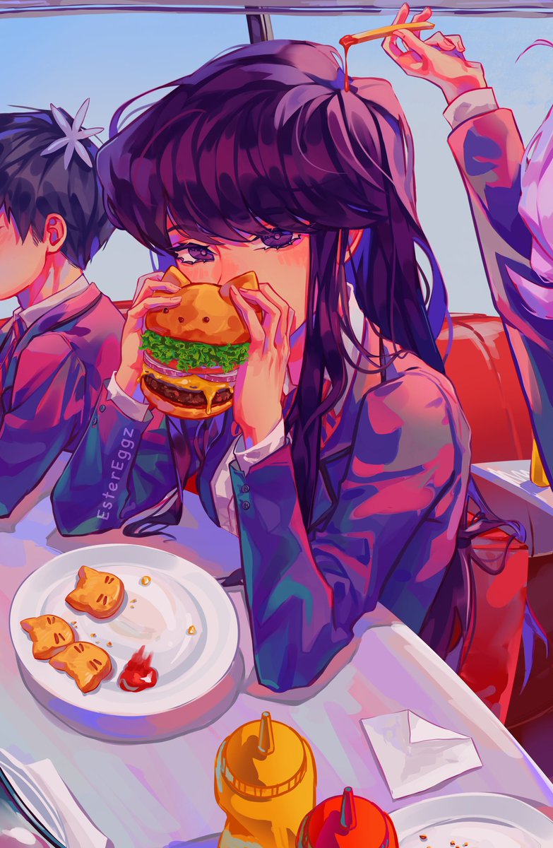 komi shouko food burger jacket long hair french fries school uniform holding  illustration images