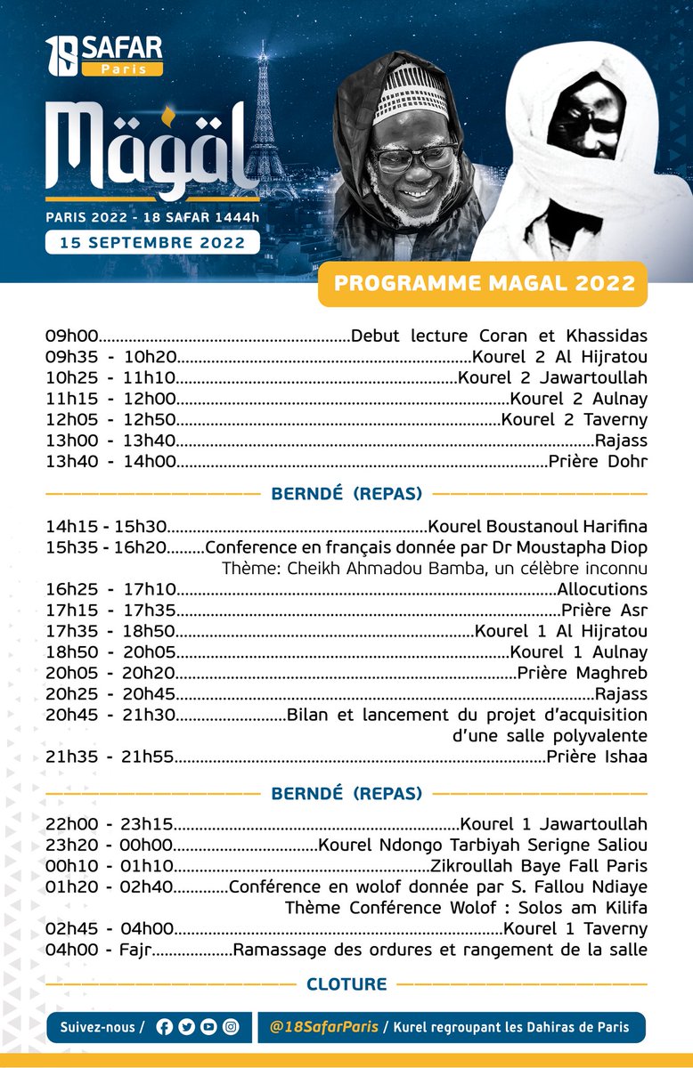 18SafarParis's tweet photo. Programme Magal Touba - Paris 2022 

📍30 Route de Groslay, 95200 Sarcelles https://t.co/qKeV9Z170O
