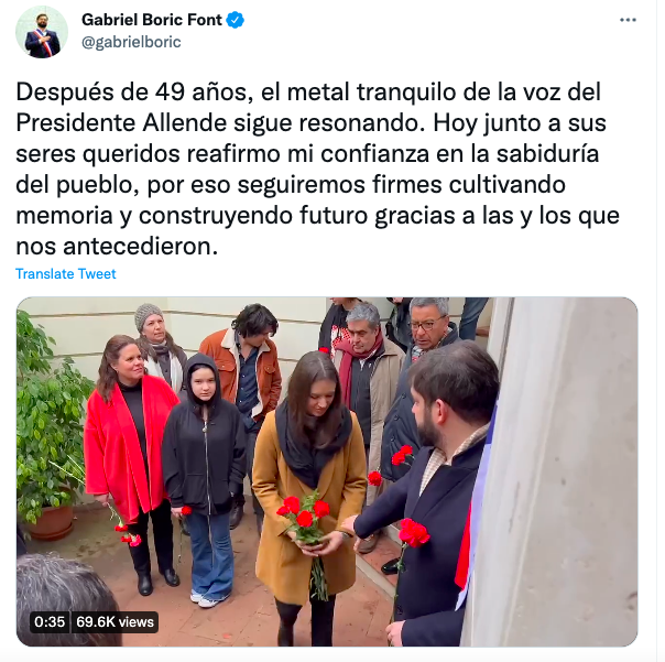 BorisvanderSpek's tweet photo. The polarization in Chile has its roots in the coup d'état. For one part of the country, 9/11 about victory and joy. For another part, it's about death and loss. Best described with the two candidates of the last election. Boric visits the grave of Allende, Kast celebrates. https://t.co/lvWrRursdh