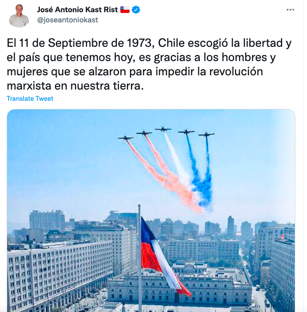 BorisvanderSpek's tweet photo. The polarization in Chile has its roots in the coup d'état. For one part of the country, 9/11 about victory and joy. For another part, it's about death and loss. Best described with the two candidates of the last election. Boric visits the grave of Allende, Kast celebrates. https://t.co/lvWrRursdh