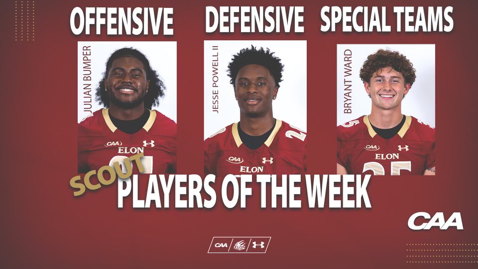 ElonFootball's tweet photo. Congratulations to our Scout Team Players of the Week! @julianbumper @Jesse2Powell #AED https://t.co/UrPDHuMKf9