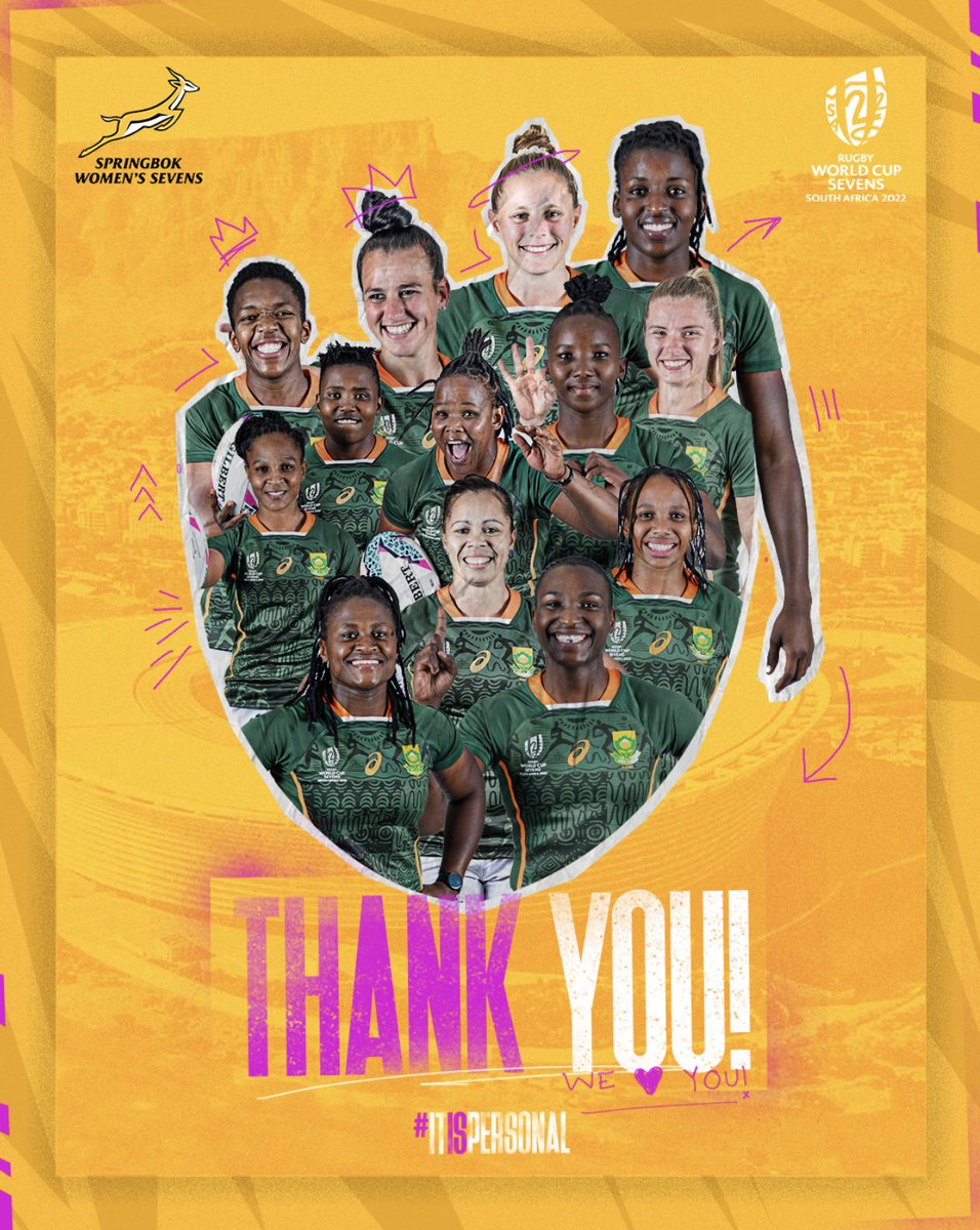 WomenBoks's tweet photo. Thank you for all of your roars and cheers South Africa, we couldn’t have done it without you. 🙌🎉
#ItIsPersonal #RWC7s https://t.co/BkXlhmEijz