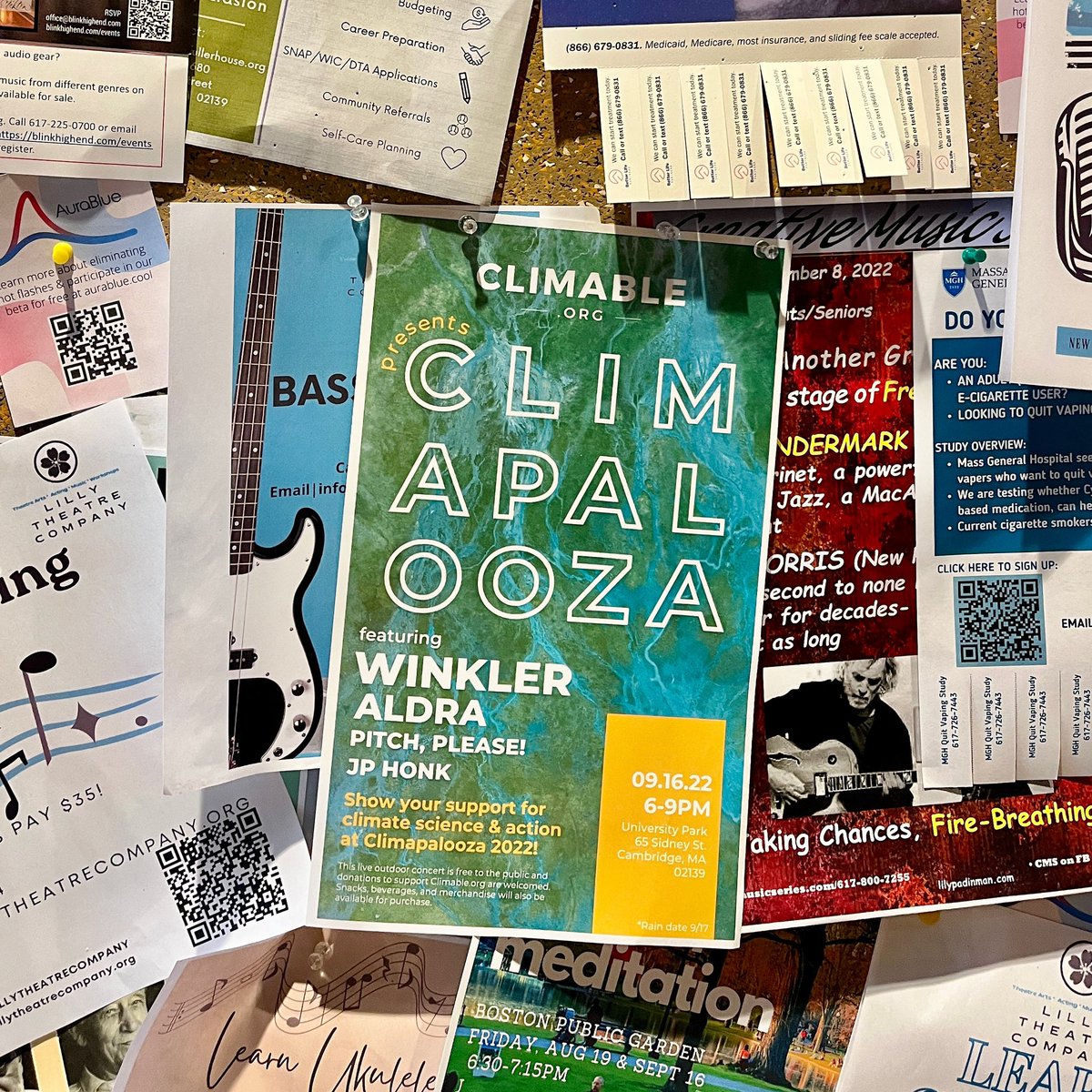#CLIMAPALOOZA is in 5 DAYS! Have you seen our flyers in your favorite businesses around Central Square? 

Set a reminder for Fri, Sept. 16 at 6-9 PM at University Park Commons, Cambridge. You won’t want to miss it! 🌎🎶🌼