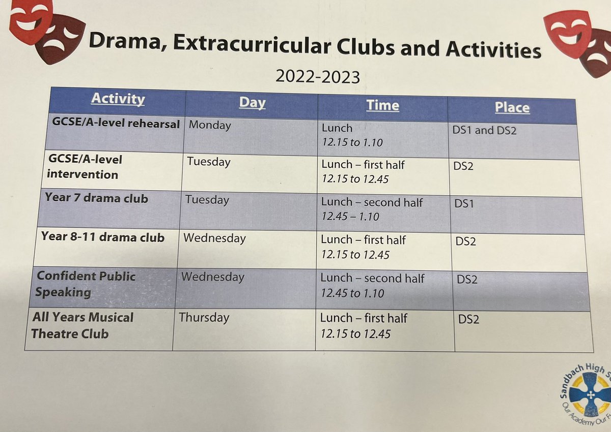 sandhighdrama's tweet photo. Our Drama Extracurricular Clubs and Activities are up and running from tomorrow, we can’t wait to see you there 🎭🎭🎭🎭 https://t.co/2xwLMIAXUN