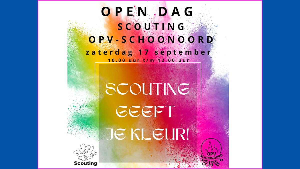 17 september, tussen 10-12 uur, is de Open Dag van Scouting OPV-Schoonoord. Locatie: Trappershorst, Sportlaan 2, Oosterbeek. Iedereen van 5 t/m 18 jr is welkom, opgeven is niet nodig. Voor ouders is er koffie/thee en gelegenheid tot vragen stellen. Info: opv-schoonoord.nl