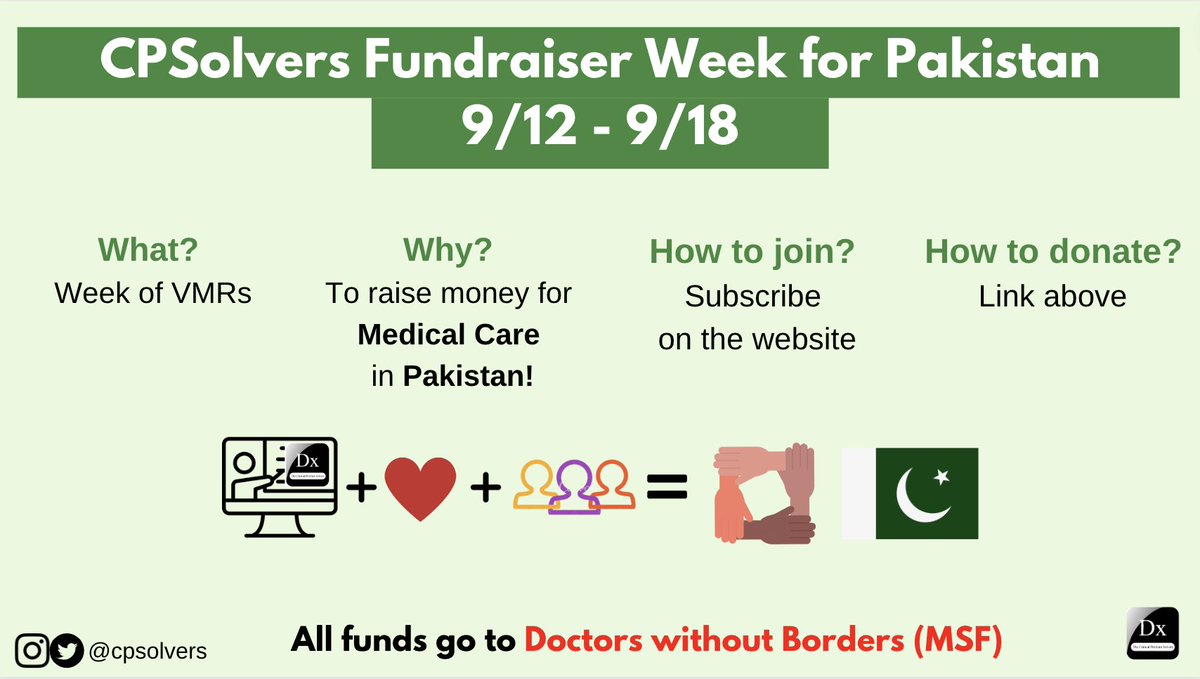 CPSolvers's tweet photo. #MedTwitter, this week, we will be having a fundraiser to raise money for medical care in Pakistan. Join us for a week of VMRs as we support our friends &amp; colleagues! 

Please consider donating what you can: https://t.co/xsYiV75vLm

&amp; join our VMRs here: https://t.co/7jq32ui7bC https://t.co/lfU6ggeVrT