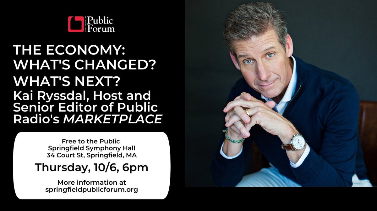 Join us for a conversation on economic trends with Kai Ryssdal, Host and Senior Editor of Public Radio's MARKETPLACE. As always, free to all! 
#springfieldma #freeevent #economicoutlook