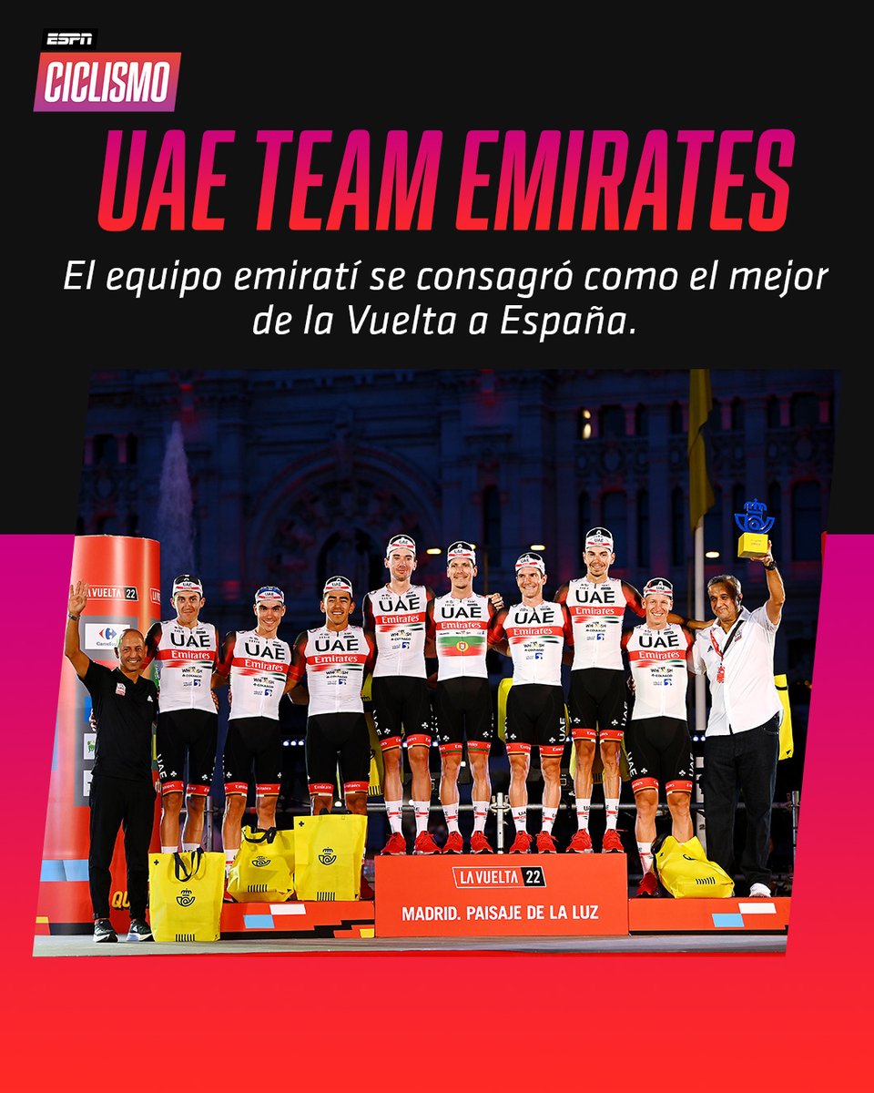 ESPNCiclismo's tweet photo. EQUIPAZO 🔥💪🏽
La fórmula #Soler, #Ackermann, #Oliveira, #Ayuso, #Almeida, #Mcnulty, #Molano y #Polanc se llevan la labor al mejor equipo de #LAVUELTAxESPN. ¡Felicitaciones!
#ESPNCiclismo https://t.co/QHpge6a2Az