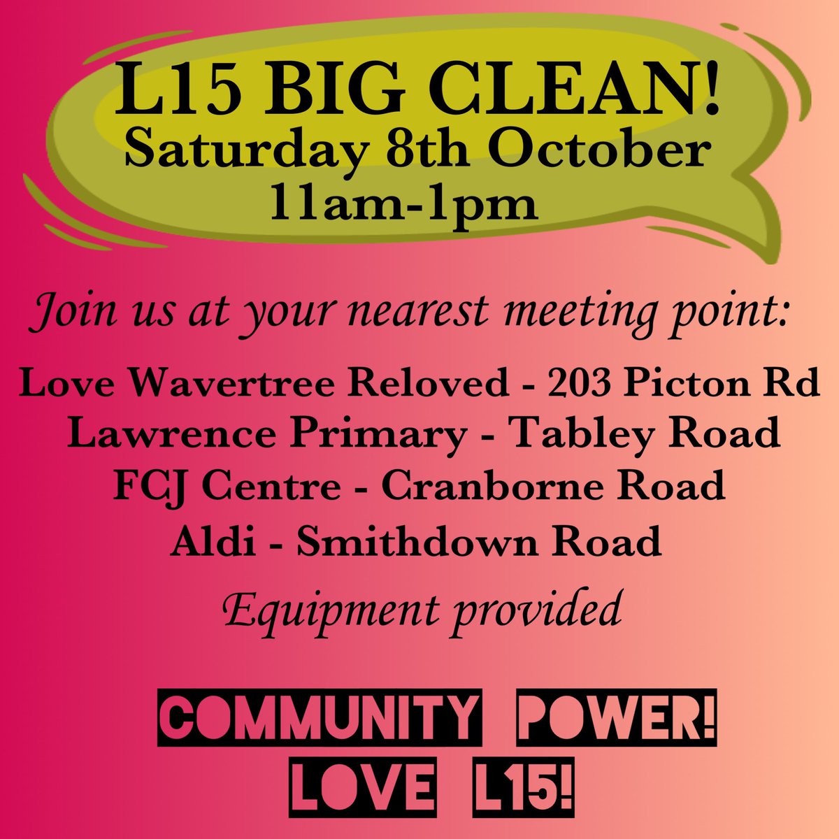 Come and meet your neighbours, get some fresh air and help look after your community! #L15BIGCLEAN #lLoveLawrence #LoveL15 #PrideInPicton #LoveWavertree #KeepLiverpoolTidy #Community #Liverpool #LitterPick