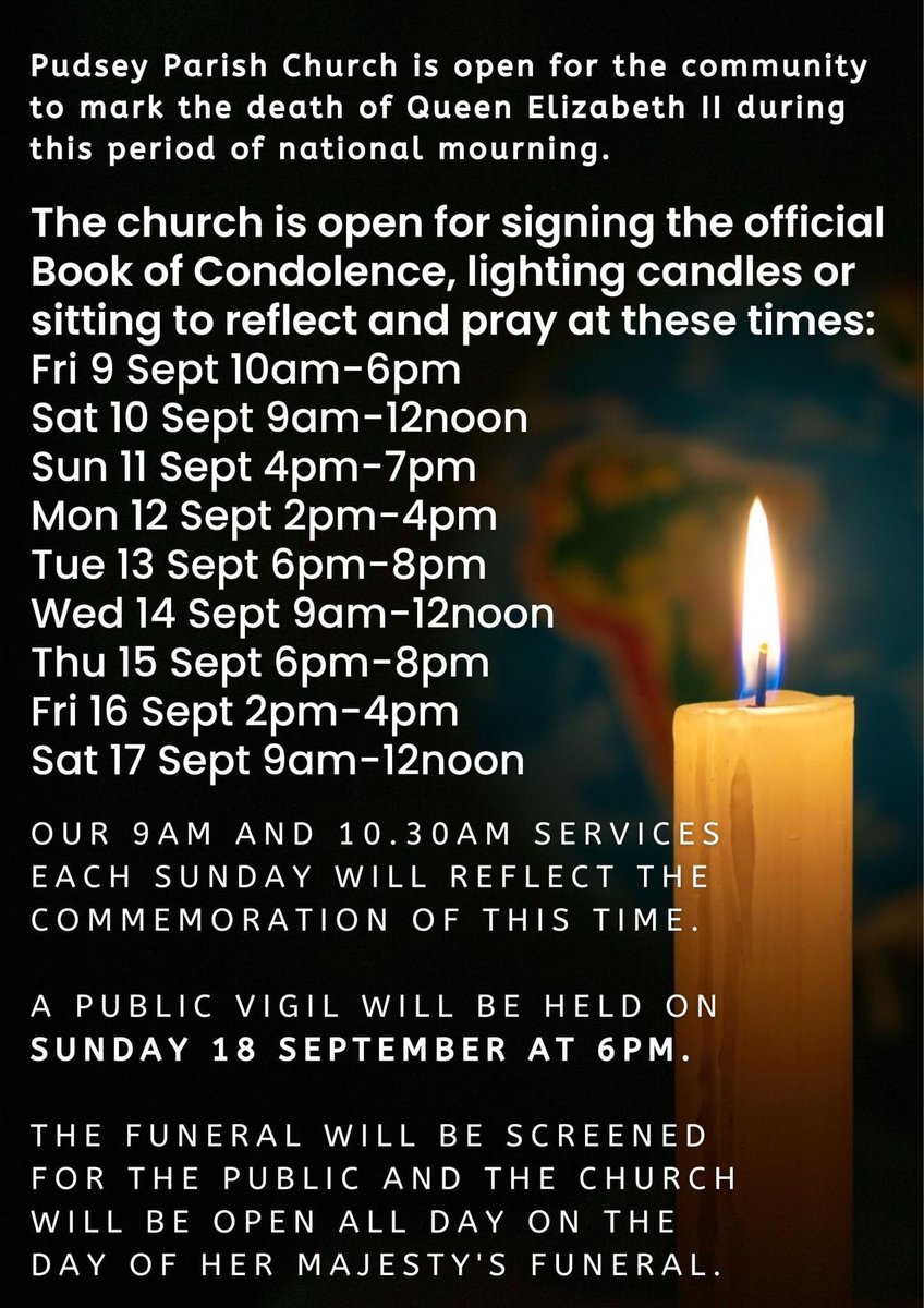 RichardinPudsey's tweet photo. @PudseyParish Church is open each day to welcome visitors to mark the Queen’s death as hundreds have been doing these past few days. 
A privilege to host those dropping in or lingering for an hour, silence, tears and personal messages in the Book of Condolence. #pudsey #leeds https://t.co/B3IgvB8qyw